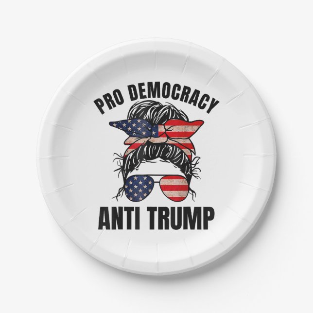 Pro Democracy - Anti Trump Messy Bun American Flag Paper Plate (Front)