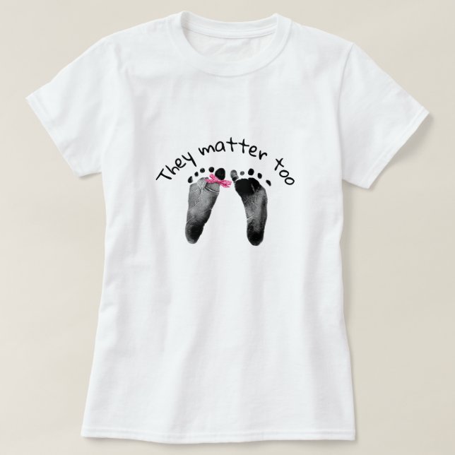 Pro-Life Baby Footprints with Pink Bow T-Shirt (Design Front)