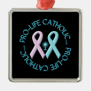 Pro-Life Catholic w/Monstrance & Pink/Blue Ribbons Metal Ornament