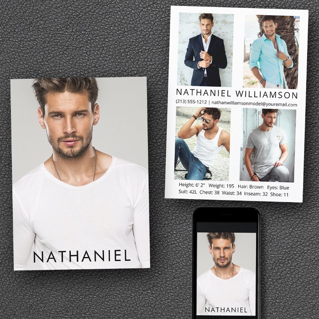 Pro Model Actor 5 Photos Comp Card (Customize to change background color, text size or text style. Available for prints and download.)