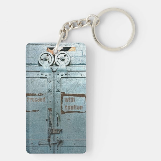 Proceed with caution blue grey industrial door keychain (Back)