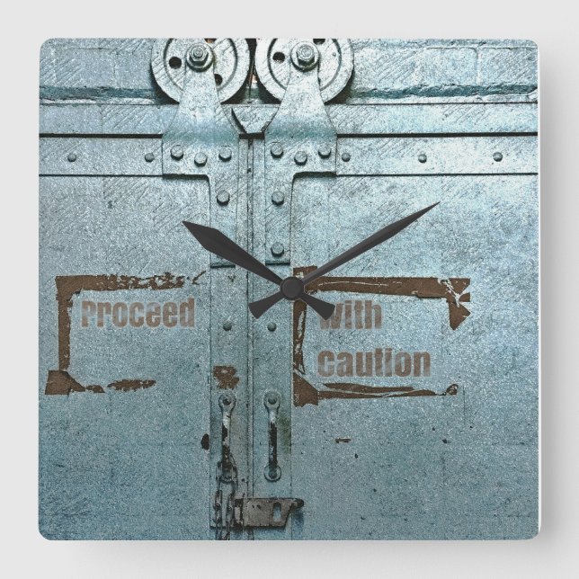 Proceed with caution blue grey industrial door square wall clock (Front)