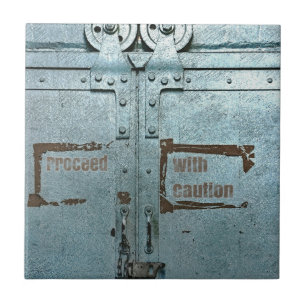 Proceed with caution blue grey industrial door tile