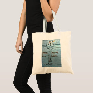 Proceed with caution blue grey industrial door tote bag