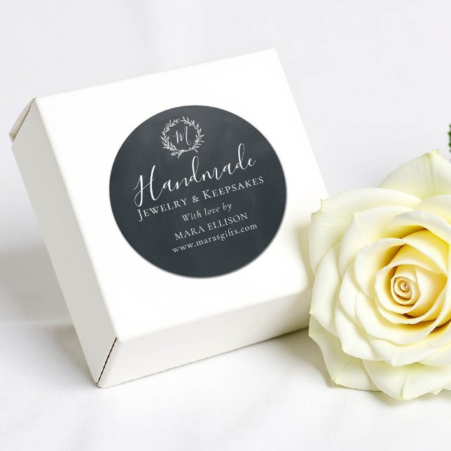Product Packaging Handmade Monogram Wreath Black Classic Round Sticker (product packaging sticker artisan business gift blackboard white monogram handmade homemade)