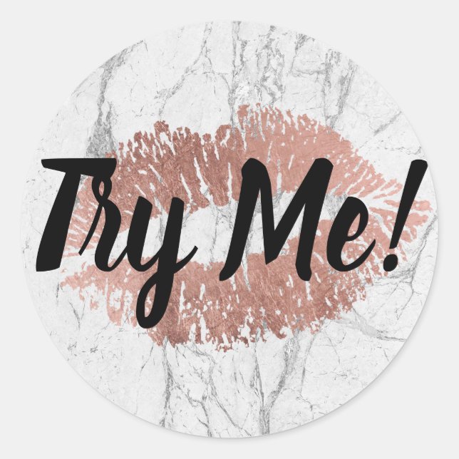 Product Tester Try Me Rose Gold Lips Modern Marble Classic Round Sticker (Front)