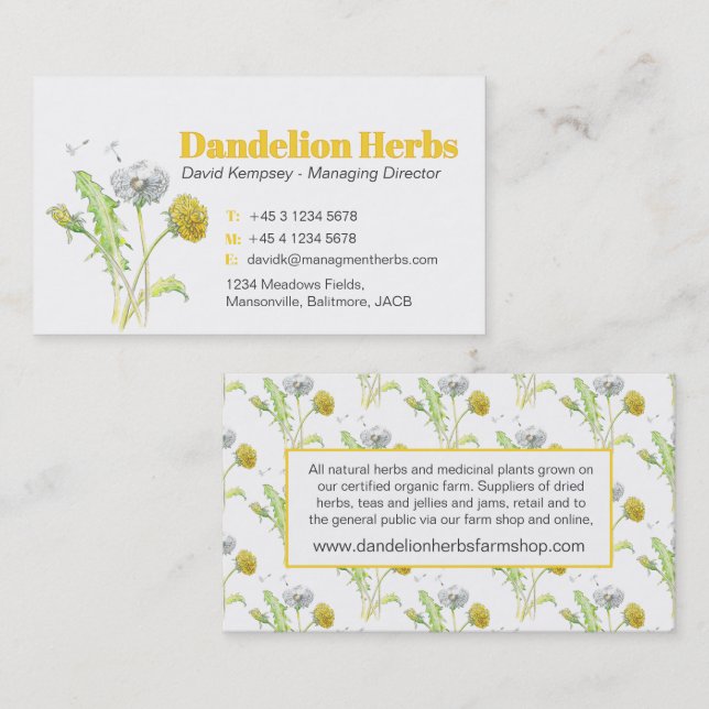 Producteur d'herbes de Dandelion cartes de visite (Devant / Derrière)
