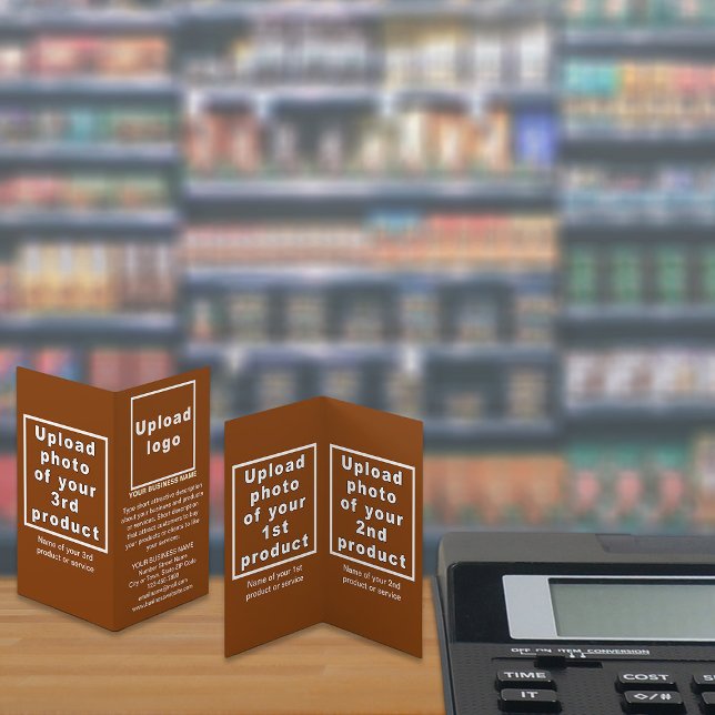 Produits d'affaires sur petite carte pliée Brown (Your business brand and products or services on small brown folded card displayed in store.)