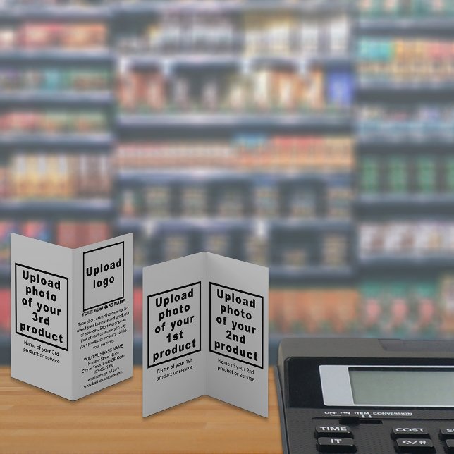 Produits d'affaires sur petite carte pliée gris (Your business brand and products or services on small gray folded card displayed in store.)