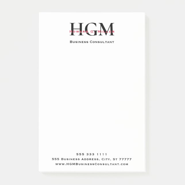 Professional 3 Letter Monogram Black Red White Post-it Notes (Front)
