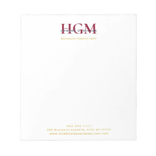 Professional 3 Letter Monogram Burgundy Navy Gold Notepad