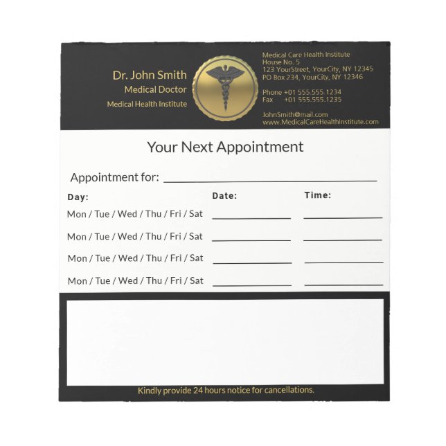 Professional 3D Gold Medical Caduceus Appointment Notepad (Front)