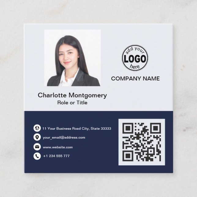 Professional add your Logo QR Code Photo Custom Square Business Card (Front)