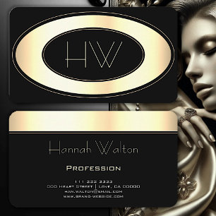 Professional Back and Gold Circle Elegant Monogram Business Card