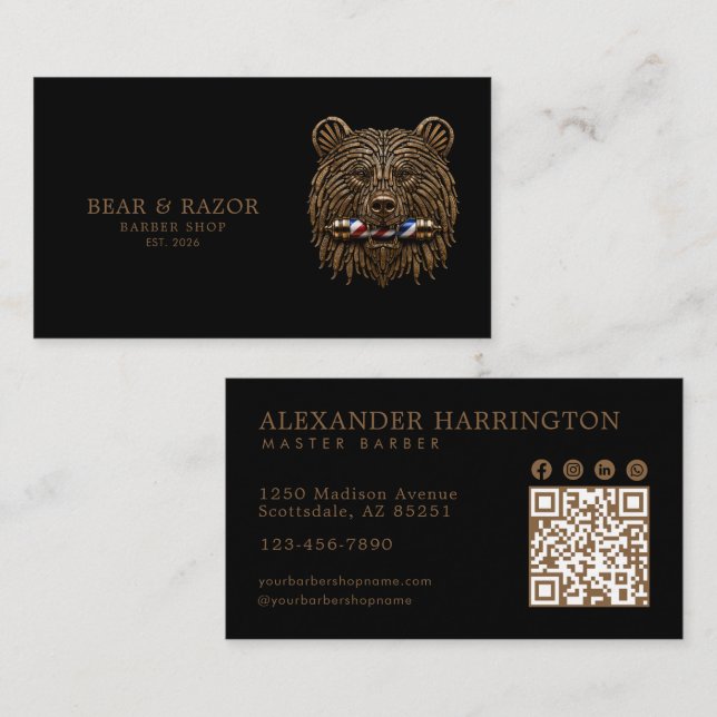Professional Barber Shop Bronze Bear Qr Code Business Card (Front/Back)
