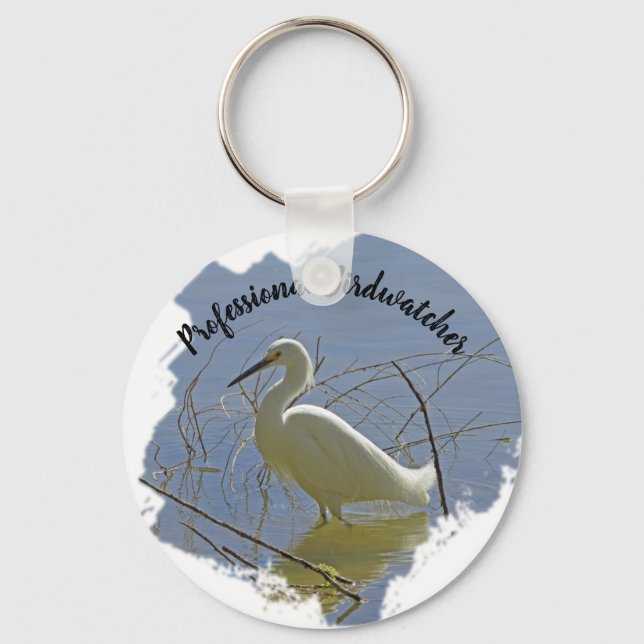 Professional Birdwatcher White Egret Photo Birder Keychain (Front)