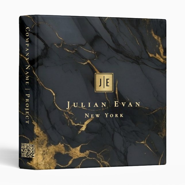 Professional Black Agate Gold Qr code Monogram Binder (Front/Spine)