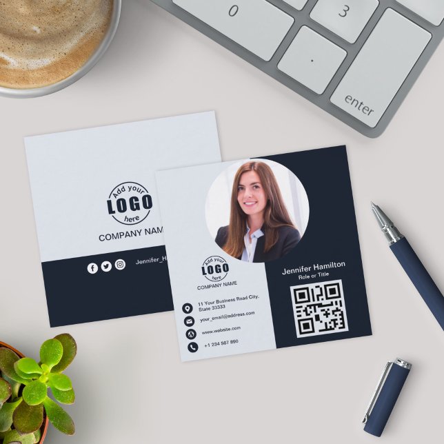 Professional Black and White add  Photo QR Code Square Business Card (Creator Uploaded)