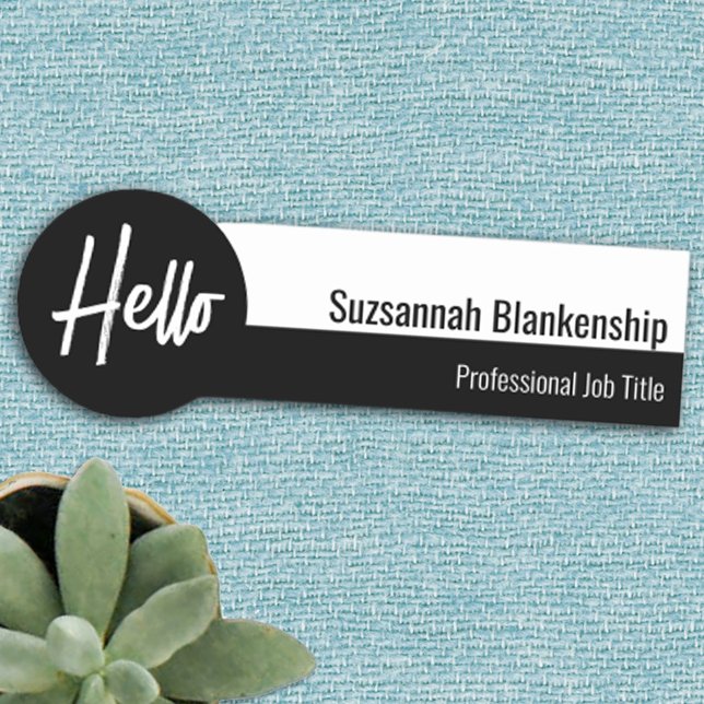 Professional Black and White Hello Script Name Tag (Creator Uploaded)
