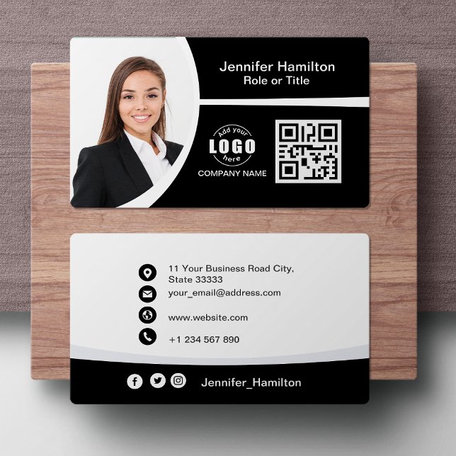Professional Black and White Logo QR Code Photo Business Card (Creator Uploaded)