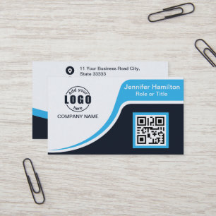 Professional Black Blue add your Logo QR Code Busi Business Card