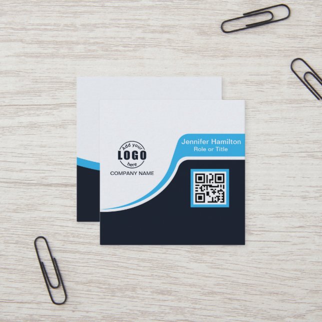 Professional Black Blue add your Logo QR Code Busi Square Business Card (Front/Back In Situ)