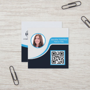 Professional Black Blue add your Logo QR Code Square Business Card