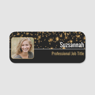 Professional Black & Gold Bokeh Custom Photo Name Tag