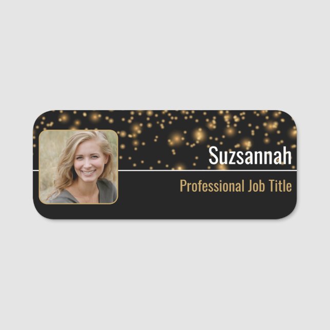 Professional Black & Gold Bokeh Custom Photo Name Tag (Front)