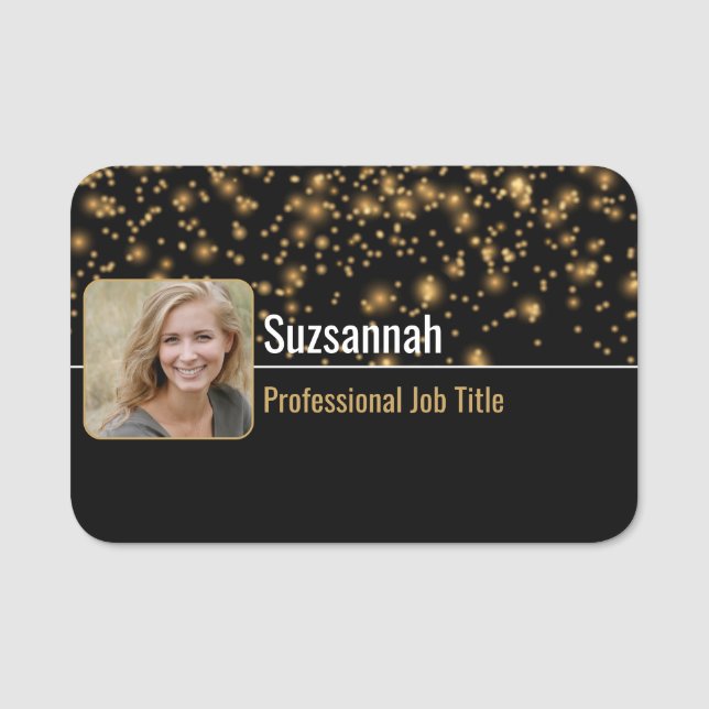 Professional Black & Gold Bokeh Custom Photo Name Tag (Front)