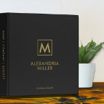 Professional Black Gold Custom Name Binder<br><div class="desc">Modern professional binder features a minimal design in a black and gold colour palette. Custom monogram name and title in stylish simple font and custom name,  company or subject on the spine.</div>