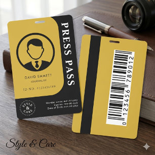 Professional Black Gold Media Pass Photo Barcode Badge