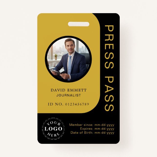 Professional Black Gold Media Press Pass ID Badge (Front)