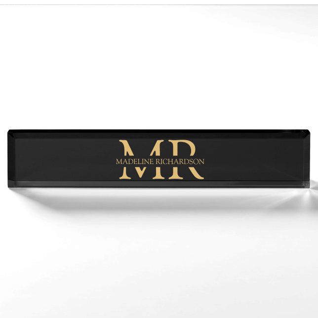 Professional Black Gold Monogram Name Initials  Nameplate (Front)