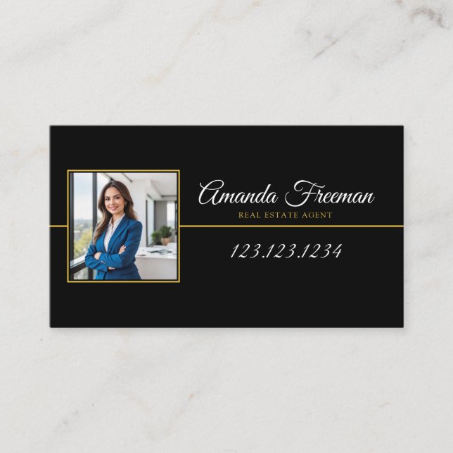 Professional Black & Gold Photo Real Estate Agent Business Card (Front)
