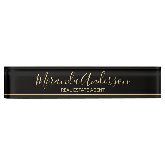 Professional Black & Gold with Modern Script Name Nameplate (Front)