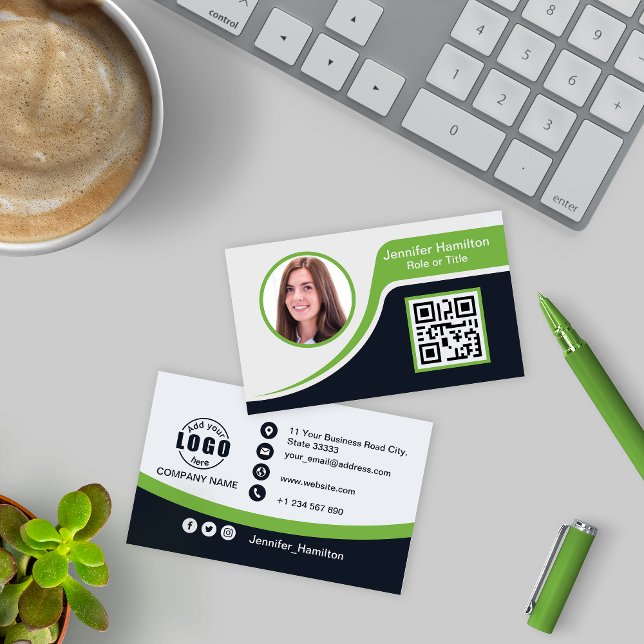 Professional Black Green add your Logo QR Code Business Card (Creator Uploaded)