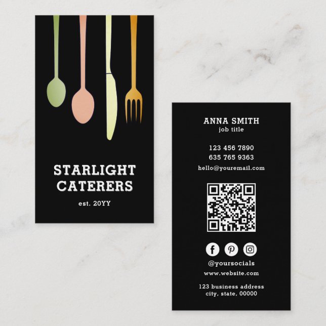 Professional Black Interior Caterer Custom QR Code Business Card (Front/Back)