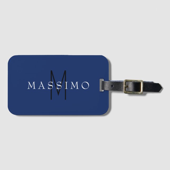 Professional Black Monogram Blue Your Name Luggage Tag (Front Horizontal)