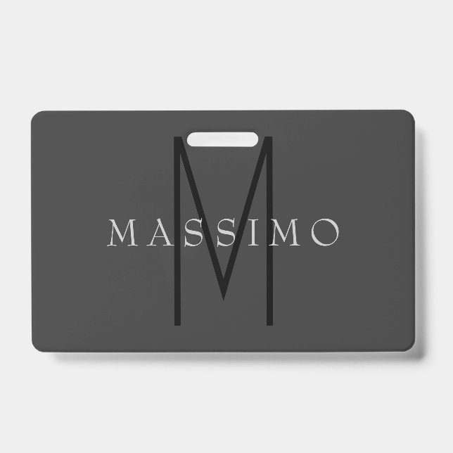 Professional Black Monogram Grey Your Name Badge (Front)