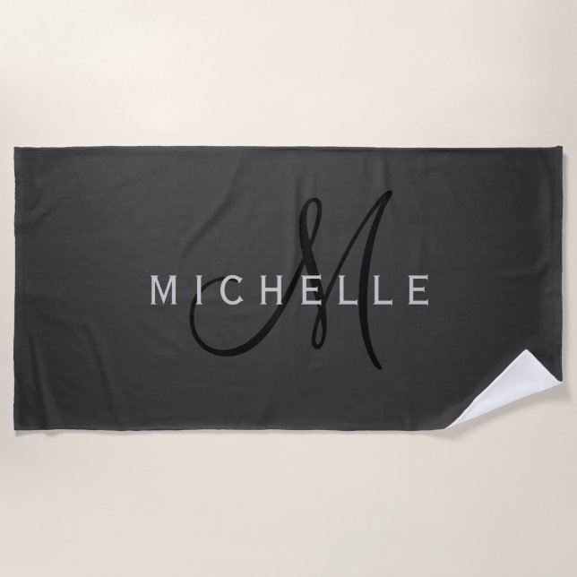 Professional Black Monogram Grey Your Name Beach Towel (Front)