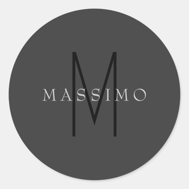 Professional Black Monogram Grey Your Name Classic Round Sticker (Front)