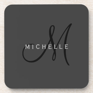 Professional Black Monogram Grey Your Name Coaster