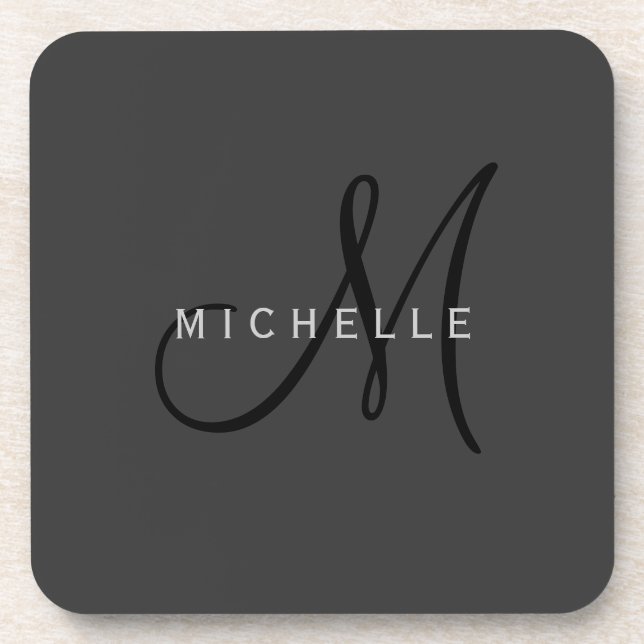 Professional Black Monogram Grey Your Name Coaster (Front)