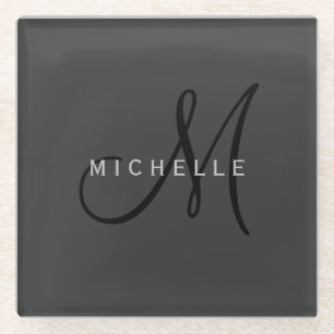 Professional Black Monogram Grey Your Name Glass Coaster