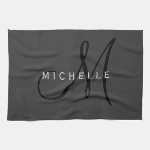Professional Black Monogram Grey Your Name Kitchen Towel