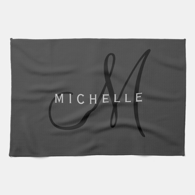 Professional Black Monogram Grey Your Name Kitchen Towel (Horizontal)