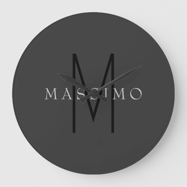 Professional Black Monogram Grey Your Name Large Clock (Front)