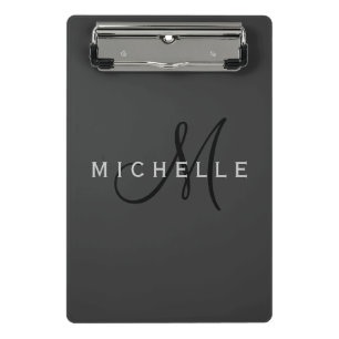 Professional Black Monogram Grey Your Name Mini Clipboard