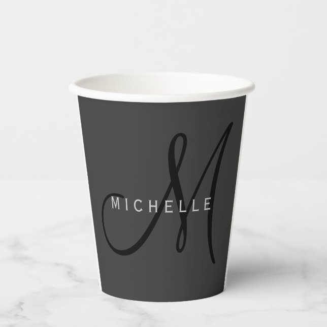 Professional Black Monogram Grey Your Name Paper Cups (Front)